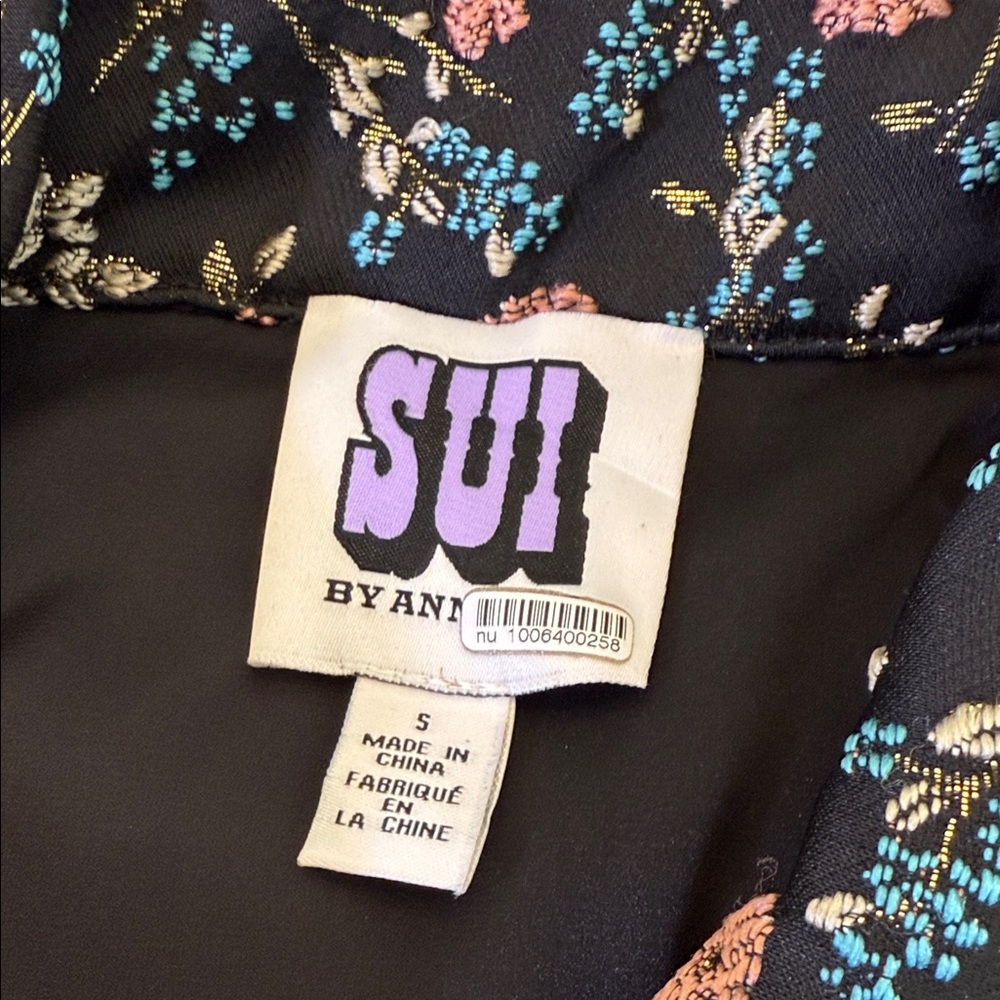 Anna Sui Floral Metallic Cropped Bomber Jacket Small Hooded Puff Sleeve Black - Picture 3 of 12